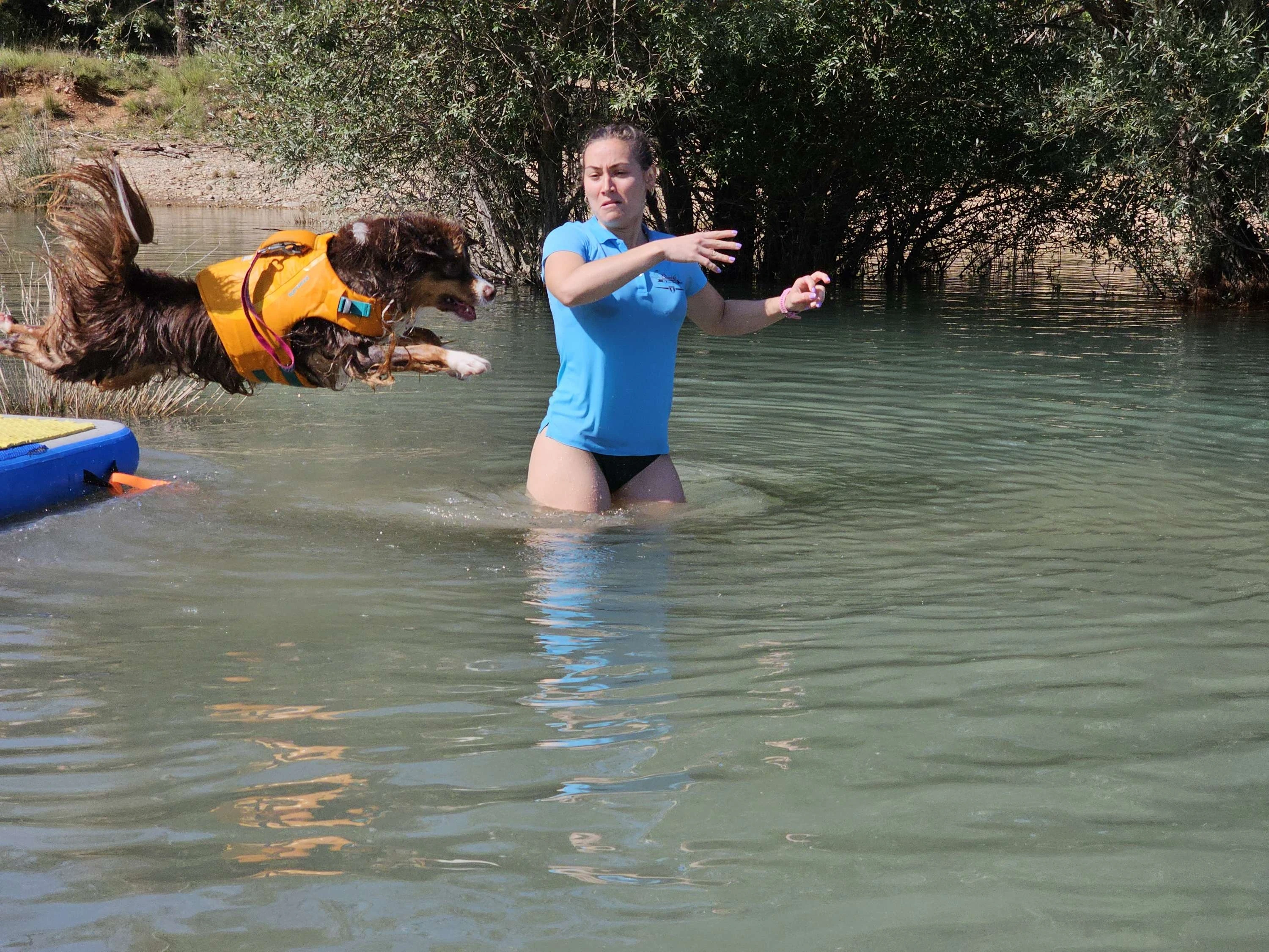 A student of Vanessa makes her dog jump into the water