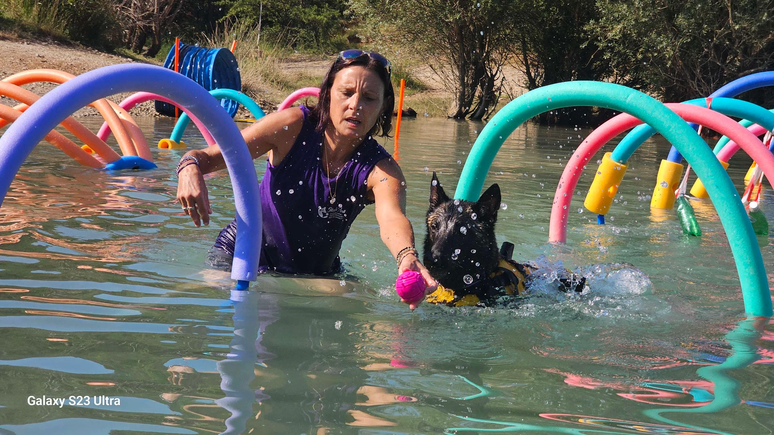A student of Vanessa guides her dog through the rings in the water